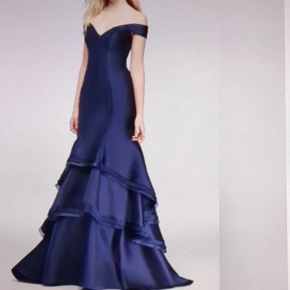 Xscape Navy Off-Shoulder Prom Dress - Picture 2 of 14